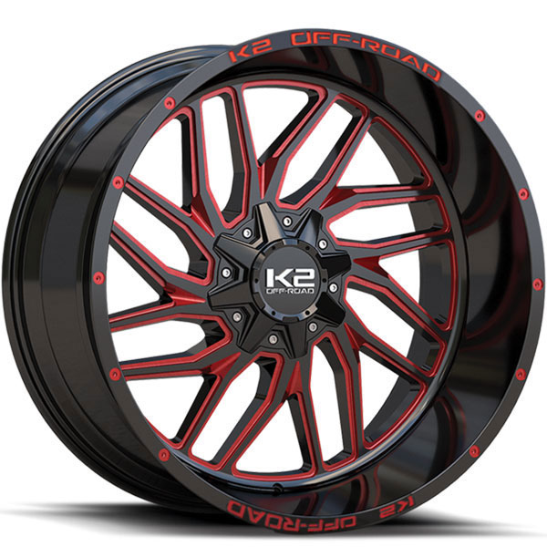 K2 OffRoad K20 Grid-Iron Gloss Black with Red Milled Spokes Center Cap